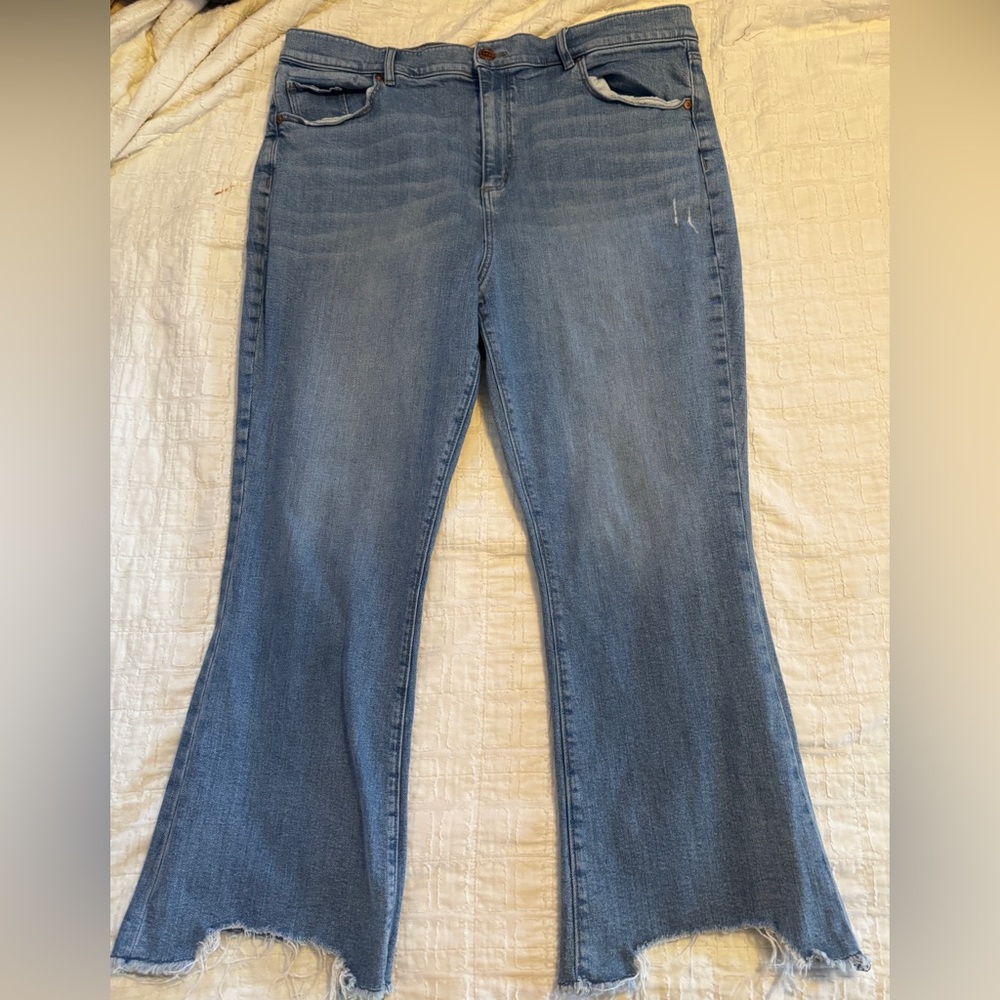 LOFT Light Blue High Rise Flare Crop Jeans Chewed Raw Hem